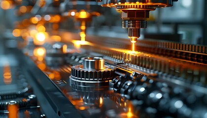 Poster - A close-up view of a precision laser cutting machine in operation, highlighting its intricate components and glowing lights.