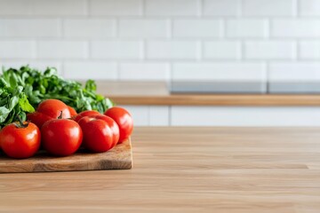 Sticker - Red ripe tomatoes and fresh basil leaves on a wooden cutting board on a kitchen countertop.