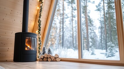 Canvas Print - A sleek wood stove warms a stylish living room, featuring large windows showcasing a snowy forest and whimsical holiday lights