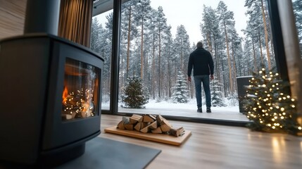 Canvas Print - A sleek wood stove warms a stylish living room, featuring large windows showcasing a snowy forest and whimsical holiday lights