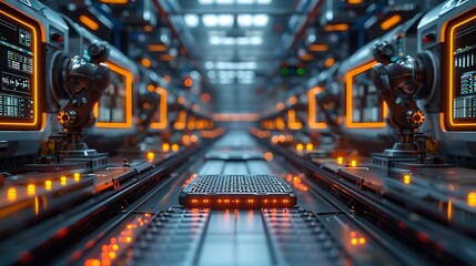 Aufkleber - A futuristic data center featuring illuminated equipment and robotic arms, highlighting advanced technology and automation in a sleek environment.