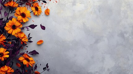 Poster - A cluster of orange flowers, with purple stems and leaves, are on a gray, textured background.