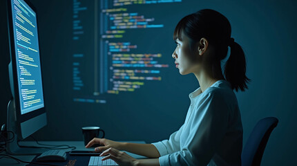 In front of an LCD screen with code projected onto it, a young Asian woman programmer demonstrates how technology and human expertise may be used in software development. 
