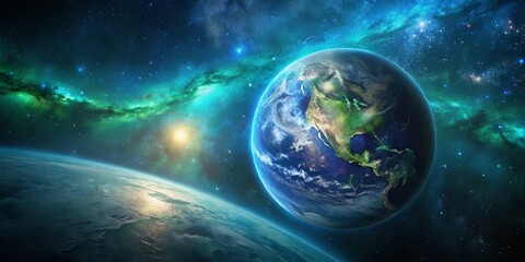 Wall Mural - A celestial dance of a blue planet against a backdrop of swirling nebulae, illuminating the vastness of space
