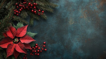 Aufkleber - A red poinsettia with green leaves is positioned in the bottom left corner of the image. Above it and to the right are sprigs of holly with red berries. The background is a teal-colored surface.