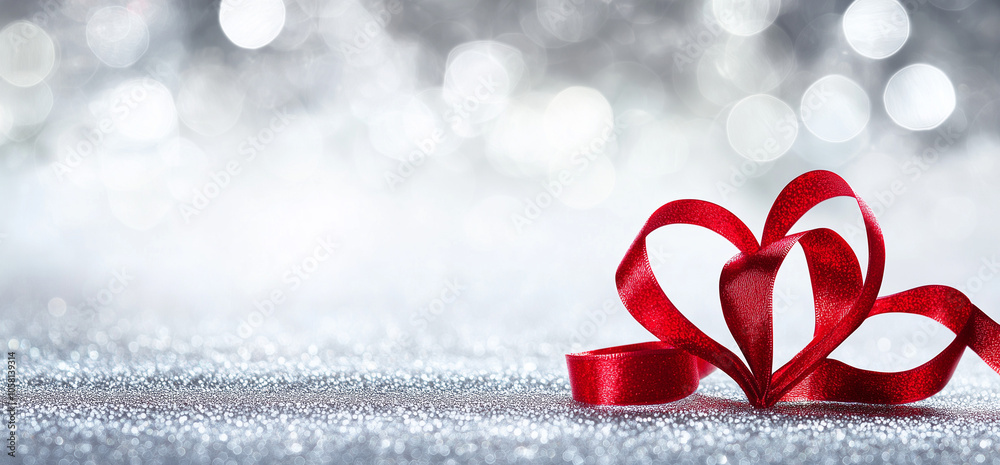 Valentine's Day background with a red ribbon in the shape of a heart on ...