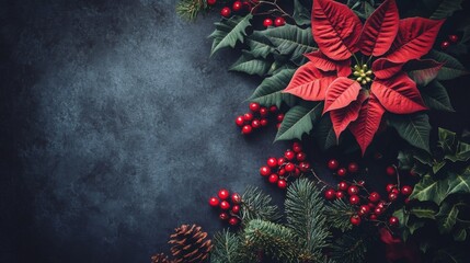 Wall Mural - A red poinsettia flower with green leaves and red berries lies on a dark surface, creating a festive Christmas or holiday backdrop.