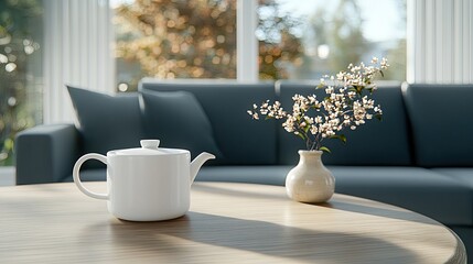 Wall Mural - A cozy living room showcases autumn decor with a white mug, pumpkins, and pampas grass arranged on a wooden tray against a grey sofa