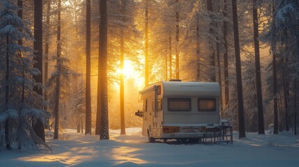 Poster - A recreational vehicle rests peacefully in a winter landscape, blanketed in fresh snow under towering trees.