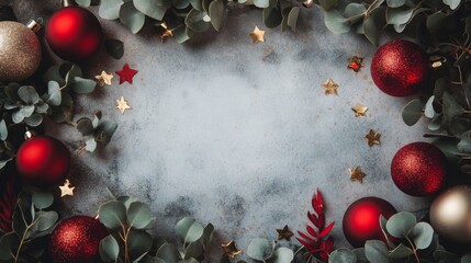 Aufkleber - A festive arrangement features red and gold ornaments, eucalyptus leaves, and decorative stars set against a gray background, creating a cheerful holiday atmosphere perfect for seasonal celebrations.