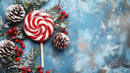 Aufkleber - A red and white peppermint lollipop is placed on a blue background. There are pine sprigs with red berries on the left side of the photo, with a few pine cones in the mix.