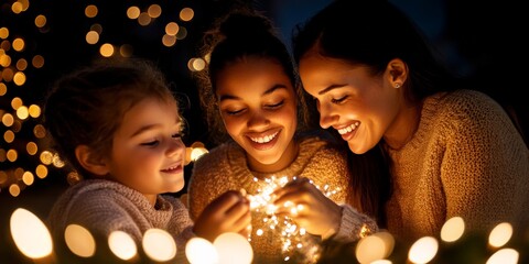 A mother joyfully enjoys a moment with her daughters, as they admire enchanting lights together, reflecting excitement and warmth in the festive atmosphere.