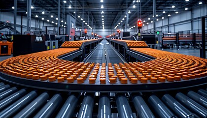 Leinwandbilder - A vibrant assembly line showcasing a circular conveyor belt filled with orange containers in a modern warehouse.