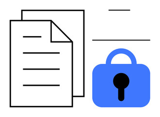 Two sheets of paper and a blue lock emphasize the importance of document security and data protection. Ideal for cyber security, privacy, information safety, secure document management, and data