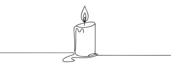 Continuous one line drawing candle burning flame. Black contour line simple minimalist graphic isolated vector illustration.