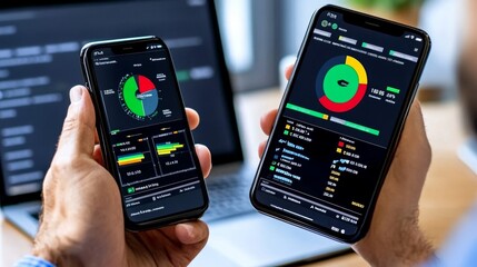 Poster - Businessman Analyzing Data Charts on Smartphone and Laptop