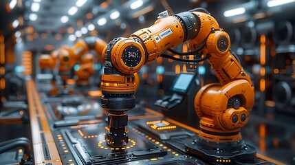 Aufkleber - A futuristic industrial scene featuring robotic arms working in an automated facility, showcasing advanced technology and efficiency in manufacturing.