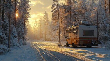 Poster - A warm RV is parked in a quiet, snow-laden forest at sunset.