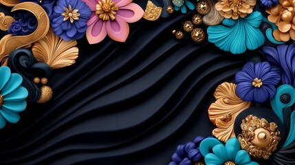 Abstract Floral Design with Gold Accents on Black Background