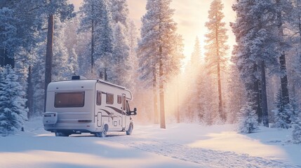Poster - An RV is parked peacefully in a snowy forest, surrounded by tall trees. The warm glow of the sunset illuminates the landscape, creating a calm and serene winter atmosphere.