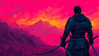 Silhouette of a samurai warrior standing with two swords against a fiery sunset mountain landscape.