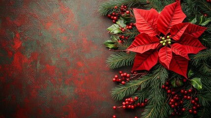 Poster - A vibrant red poinsettia flower with green leaves is positioned at the top right of the image.