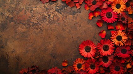 Poster - Red and orange flowers, some with petals scattered around them, are arranged in a semi-circle on a brown textured background.