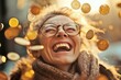 © Vladimir - A woman with glasses laughs, surrounded by flying golden coins, creating an atmosphere of joy, luck, and financial well-being