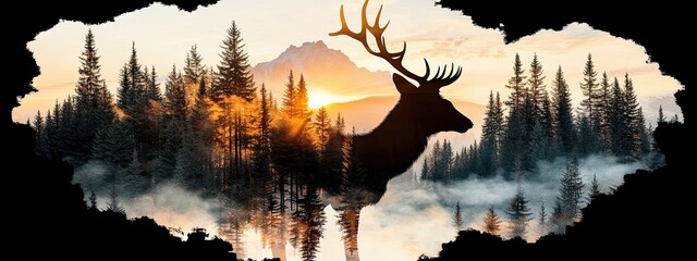 Forest deer silhouette mountain tree pine landscape elk background hunting. Illustration forest winter deer silhouette scene pattern animal graphic hiking woods reindeer scenery wildlife wild sunrise