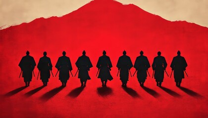 Silhouettes of samurai warriors walking against a red mountain background.