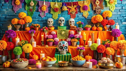 Colorful Day of the Dead celebration with vibrant altars adorned with marigolds, sugar skulls, and papel picado