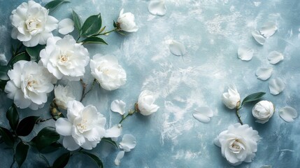 Poster - Fresh white roses are beautifully arranged on a soft blue background, creating a serene atmosphere. Scattered petals enhance the delicate and peaceful feel of the floral composition.