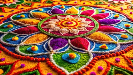 Close-up view of intricate and colorful traditional Indian rangoli decoration for Diwali celebration, Diwali