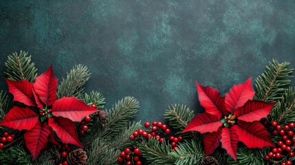 Aufkleber - Vibrant red poinsettias are arranged with pine branches and berries, creating a festive display perfect for holiday celebrations.