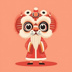 A charming cartoon lion dance character in a vibrant red costume, perfect for representing joyful celebrations and cultural festivities in creative projects.