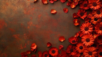 Poster - Bright red flowers with dark centers and scattered petals form a beautiful design against a textured brown backdrop, adding a striking contrast that captivates and invites admiration.