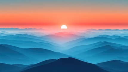 Wall Mural - A fiery sunset over rolling blue mountains.