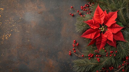 Poster - A red poinsettia flower with green leaves and red berries are arranged on a rustic brown background.