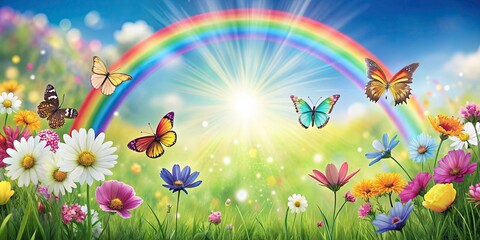 Wall Mural - Spring summer background with rainbow flowers and butterflies, Spring, summer, vibrant, color, background, rainbow, flowers