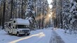 © Prostock-studio - A recreational vehicle is parked alongside a snowy road in a dense forest. Sunlight filters through the tall trees, casting lovely rays on the fresh snow, creating a beautiful winter landscape.