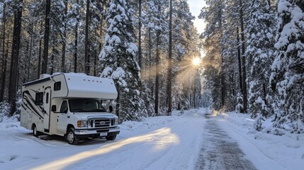 Aufkleber - A recreational vehicle is parked alongside a snowy road in a dense forest. Sunlight filters through the tall trees, casting lovely rays on the fresh snow, creating a beautiful winter landscape.
