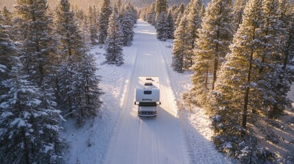 Aufkleber - An RV travels down a narrow, snow-blanketed road surrounded by towering evergreen trees as the winter sun casts a warm glow, creating a serene atmosphere perfect for a winter adventure.