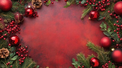 Aufkleber - A red background is surrounded by evergreen branches, red ornaments, and pine cones. Red berries adorn the branches. The ornaments are shiny and reflective.