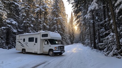 Poster - A recreational vehicle is parked on a snowy road surrounded by tall evergreen trees. The sun sets in the background, casting a warm glow over the winter landscape, creating a tranquil atmosphere.
