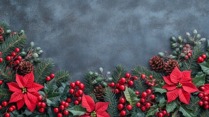 Poster - A vibrant display of red poinsettias, green pine branches, and colorful berries against a textured gray background creates a festive holiday atmosphere.