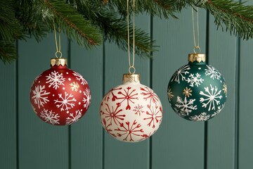 Three decorative Christmas ornaments hanging from a tree branch.