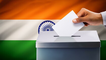 インドの国旗の背景と投票箱と投票する手。選挙。(India flag background and ballot box and hand voting. election.)
