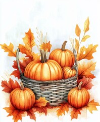 Wall Mural - Basket filled with pumpkins, surrounded by autumn leaves, showcasing harvest season's vibrant colors.