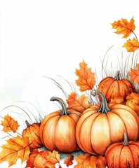 Wall Mural - Watercolor painting featuring pumpkins and leaves in warm autumn colors, showcasing natural seasonal beauty.