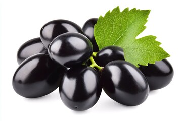 Black grape with leaf isolated on white. Fresh dark grapes. With clipping path. Full depth of field. Perfect not AI grape, true photo.